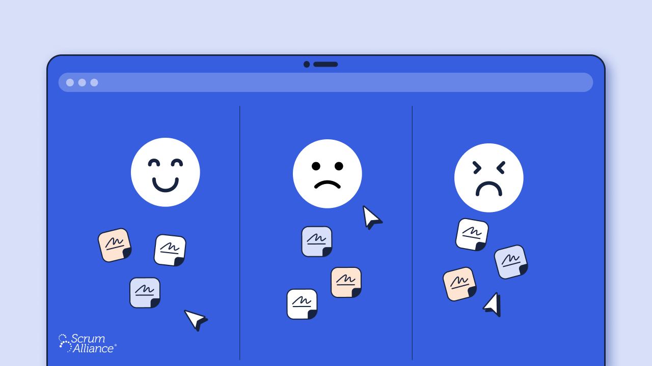 An illustration showing smiley faces (happy, sad, and mad) and stickie notes